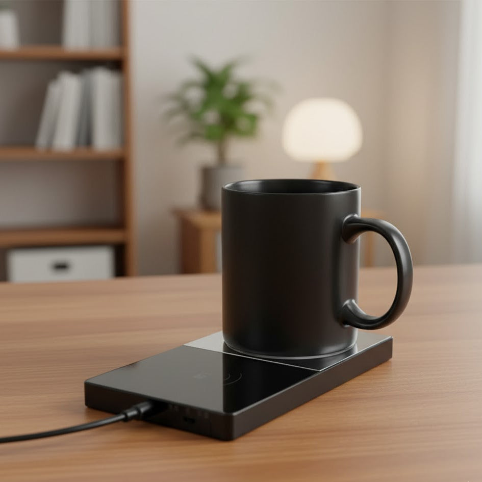Warmio Hub — Station double :Chauffe-tasse intelligent & chargeur sans fil 2-en-1